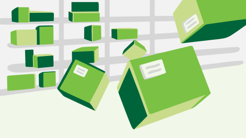 Illustration of parcels flying off the storage shelves