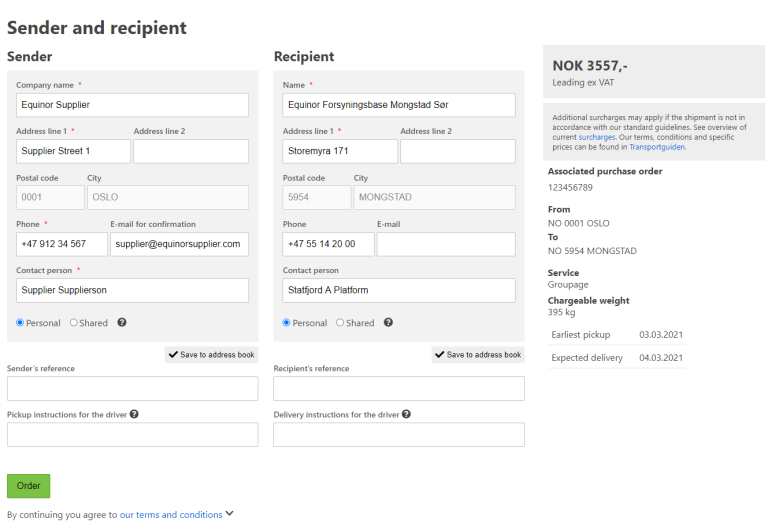 Sender and recipient details